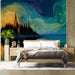Sophisticated bedroom with a swirling oil painting style wall mural and velvet furniture