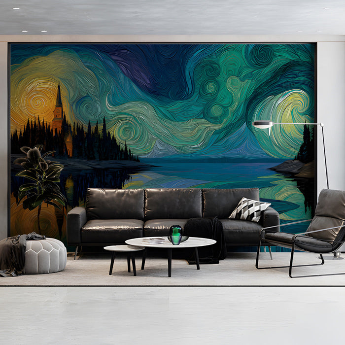 Moody living room featuring an impressionist starry sky mural as a dramatic headboard backdrop
