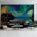 Moody living room featuring an impressionist starry sky mural as a dramatic headboard backdrop