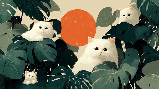 White Persian cats nestled in deep forest green monstera leaves with a large orange sun