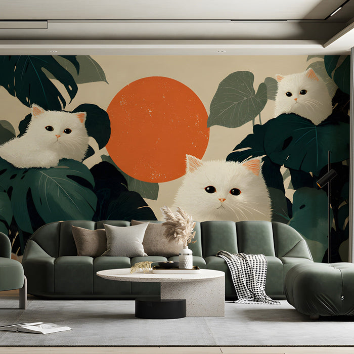 Cozy commercial space with white Persian cat patterned wallpaper and minimalist decor