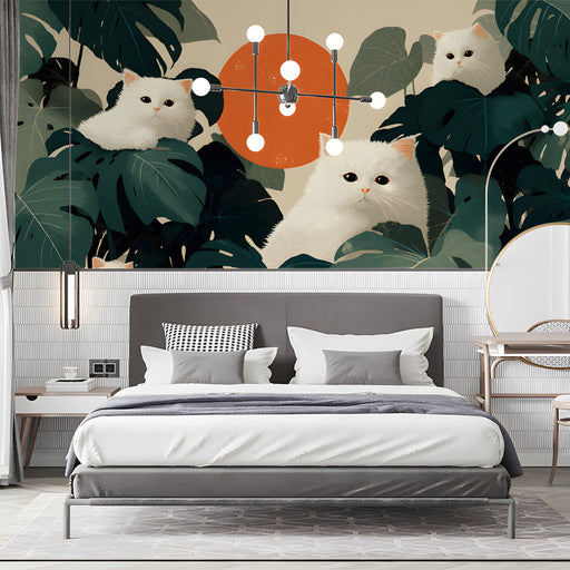 Modern bedroom featuring a playful cat and botanical mural behind a neutral headboard