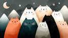 Whimsical mural with fluffy cats in peach, white, and black against a charcoal starry sky.