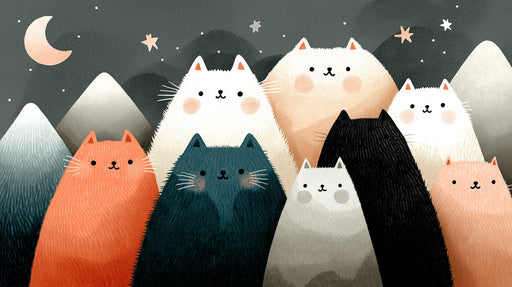 Whimsical mural with fluffy cats in peach, white, and black against a charcoal starry sky.