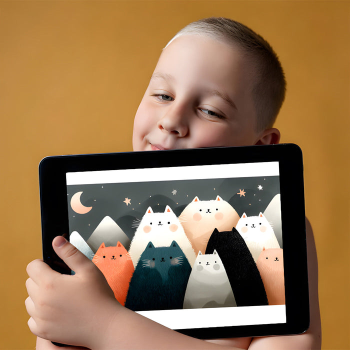 Playful cat illustration wallpaper in a colorful kid’s playroom with soft floor mats.