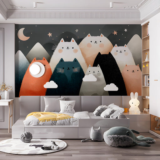 Cute mountain cat mural installed in a cozy bedroom with a wooden crib and neutral bedding.