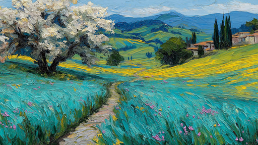 Impressionist oil painting wallpaper featuring a vibrant teal and yellow Tuscan meadow with a large white flowering tree.