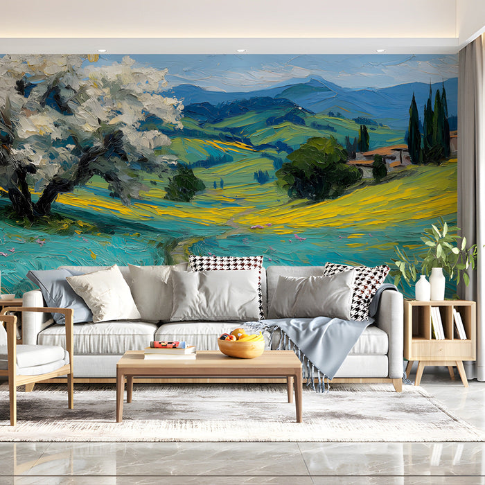 A home library or reading nook decorated with the impressionist landscape mural to add artistic depth.