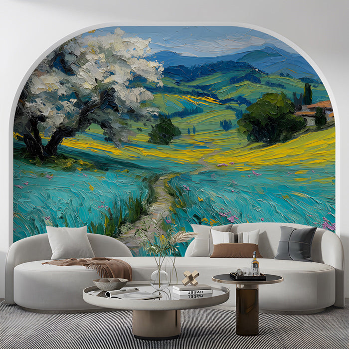 A cozy living room featuring the Tuscan meadow mural as a feature wall behind a beige linen sofa.