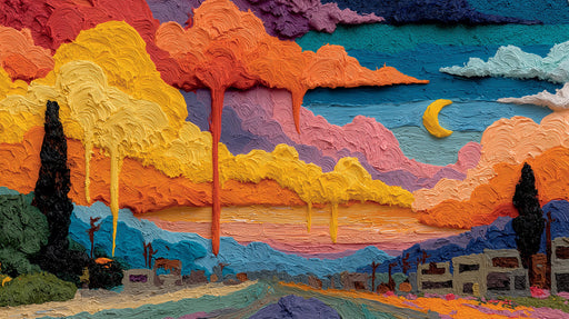 Abstract impasto landscape wallpaper with thick brushstrokes in sunset orange, yellow, and purple.