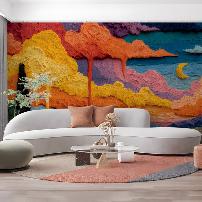 Living room interior with a colorful painterly landscape mural as a focal point.