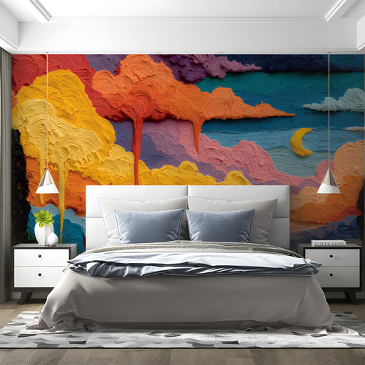 Bedroom featuring a vibrant impasto landscape mural behind a mid-century modern sofa.