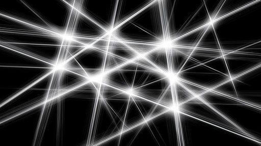 Abstract pattern of intersecting white light beams on a solid black background.