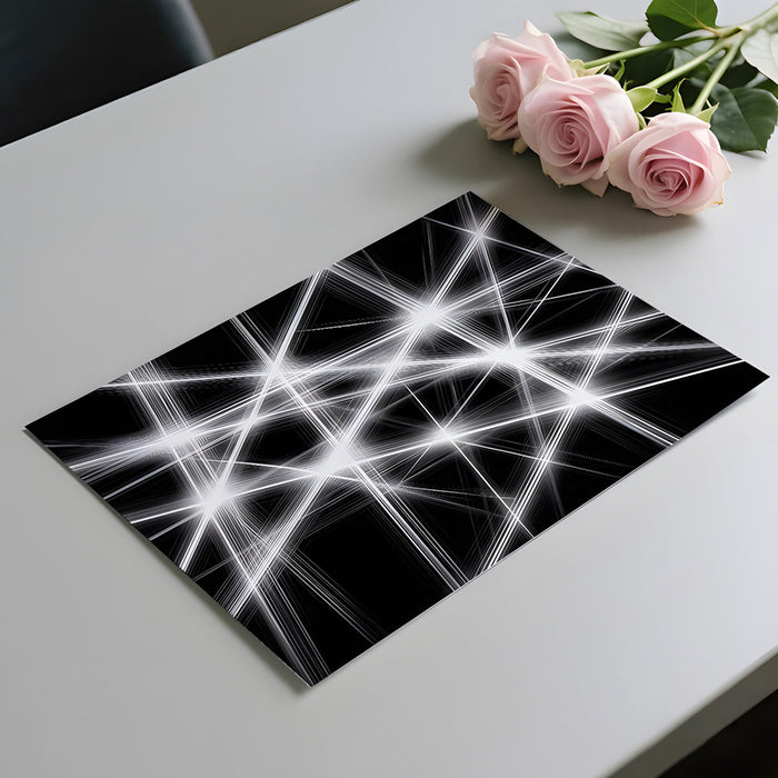 Stark monochromatic wallpaper featuring in a minimalist home office.