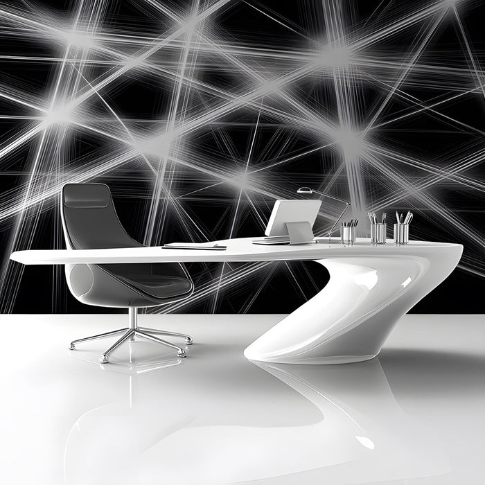 Bold white and black geometric wall design in a contemporary office.