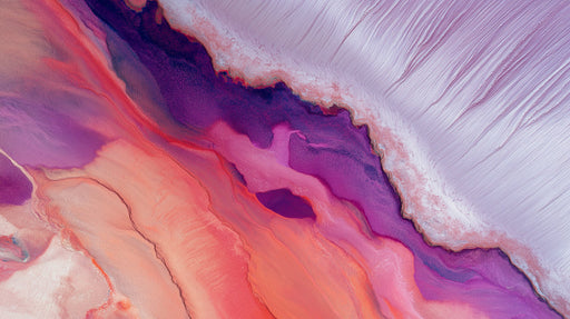 Abstract fluid art wallpaper featuring layered swirls of deep purple, vibrant coral, and soft lilac lines