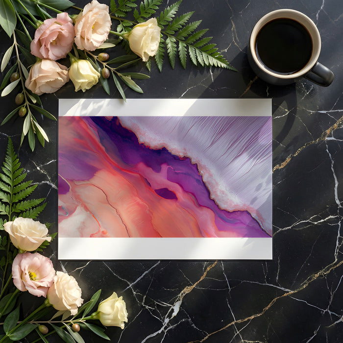 Contemporary home office wall decorated with a flowing purple and peach liquid art mural