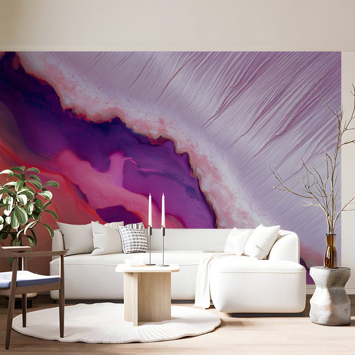 Minimalist living room interior with an abstract purple and coral feature wall