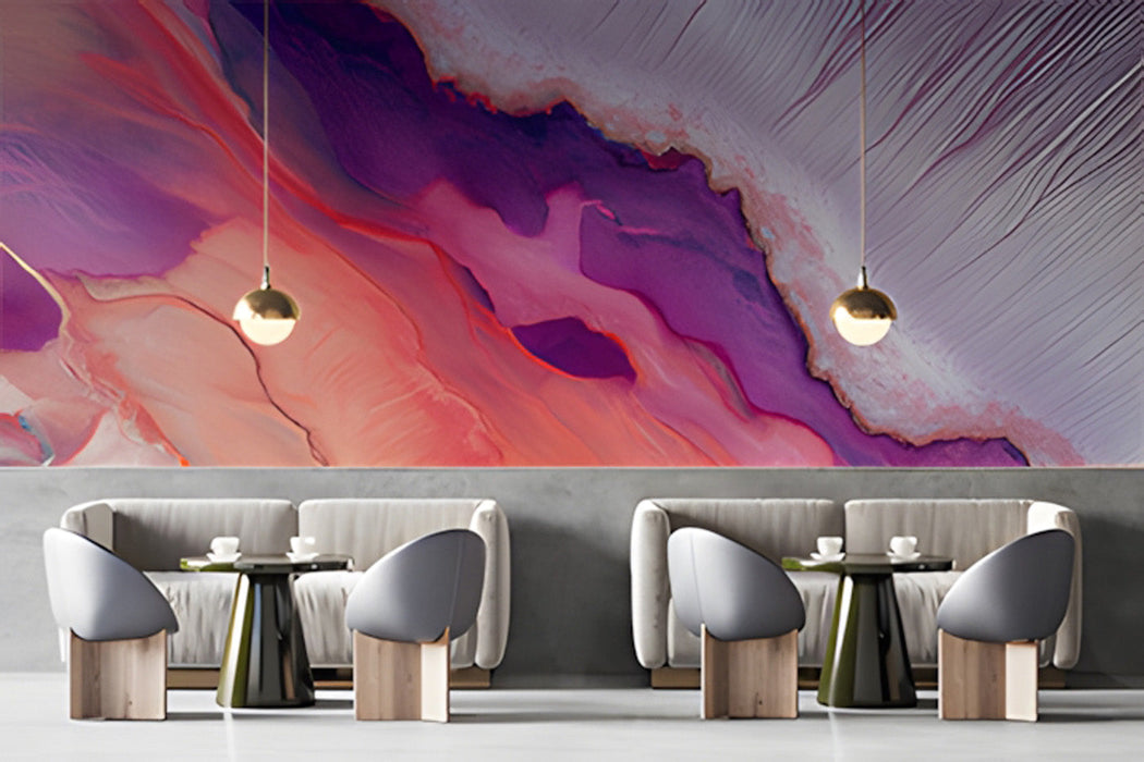 Modern bar featuring a vibrant fluid abstract wallpaper behind a gray velvet sofa