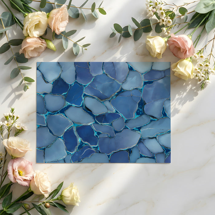 A serene bedroom feature wall with fluid blue stone pattern mural and soft grey bedding.