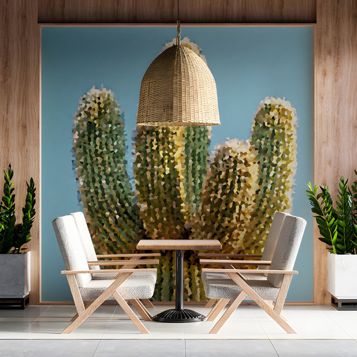 A bright dining room featuring a mosaic cactus wall mural behind a modern beige sofa.