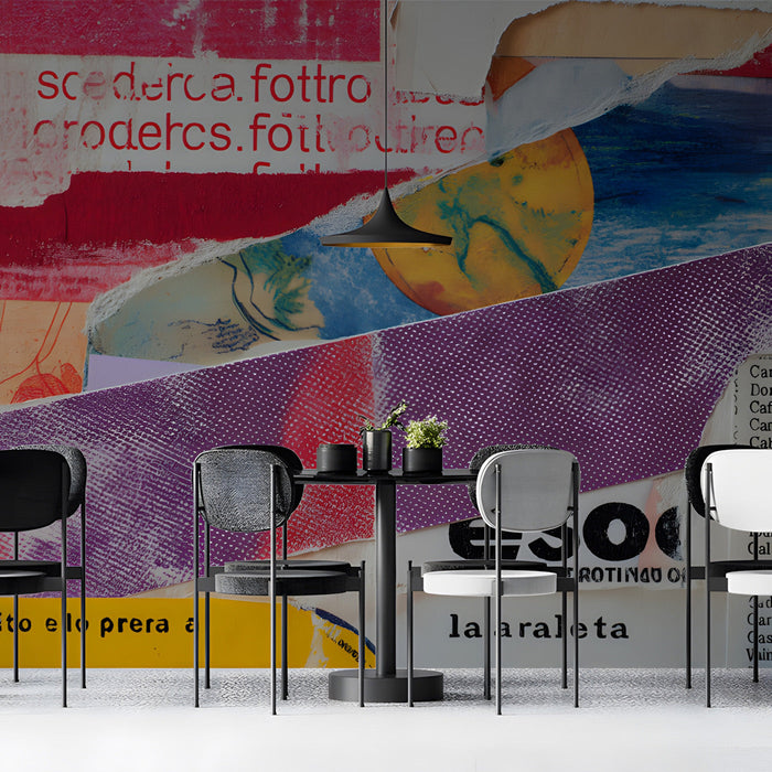 Creative bar decorated with an artistic torn paper collage mural.
