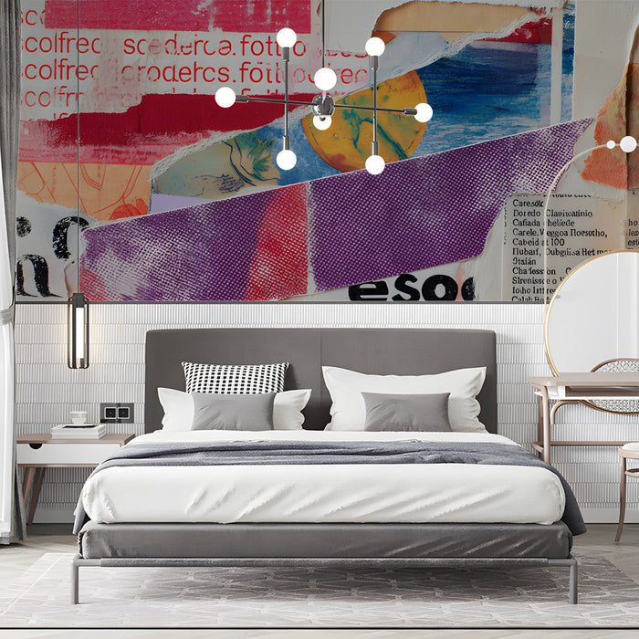 Modern bedroom with a textured collage mural wallpaper on the feature wall.