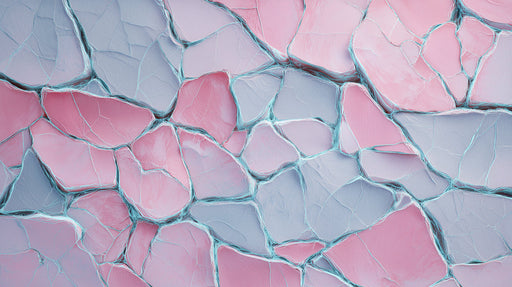 Geometric mosaic pattern with soft pink and slate gray stone segments separated by delicate cyan fissures