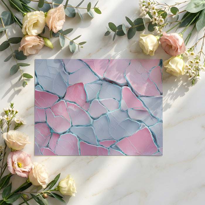 Soft pastel stone mosaic wallpaper installed in a relaxing bedroom above a neutral bed frame