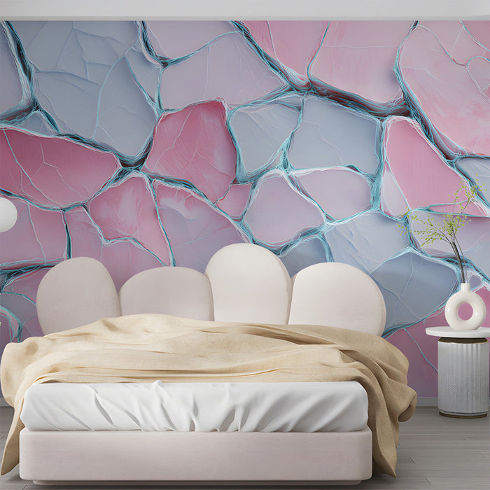 Abstract stone texture mural in a bright bedroom setting with white fixtures