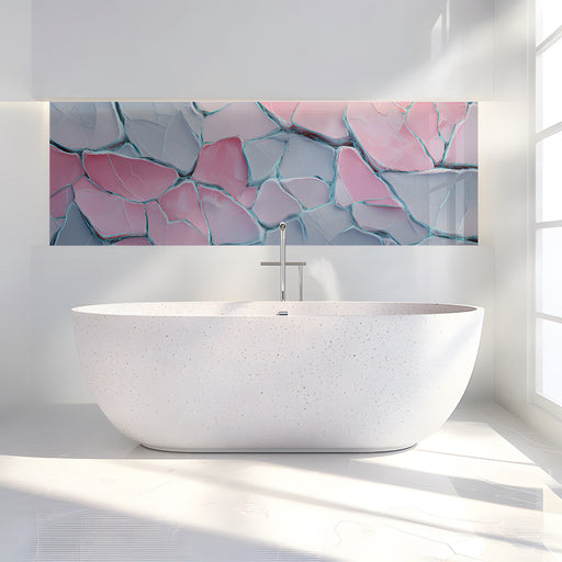 Cracked stone wall mural in a modern minimalist bathroom with light wooden crib