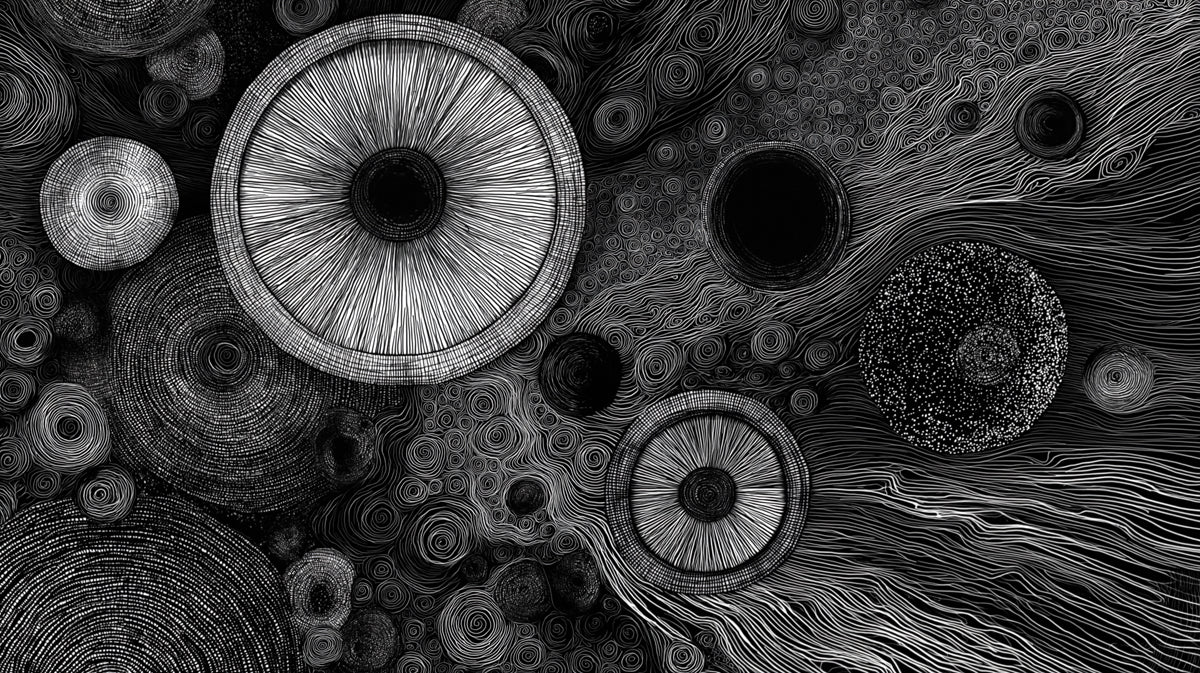Abstract wallpaper pattern with white hand-drawn circular orbs and swirling lines on a dark charcoal background