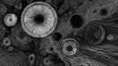 Abstract wallpaper pattern with white hand-drawn circular orbs and swirling lines on a dark charcoal background