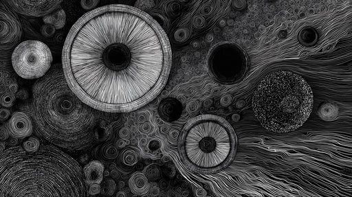 Abstract wallpaper pattern with white hand-drawn circular orbs and swirling lines on a dark charcoal background
