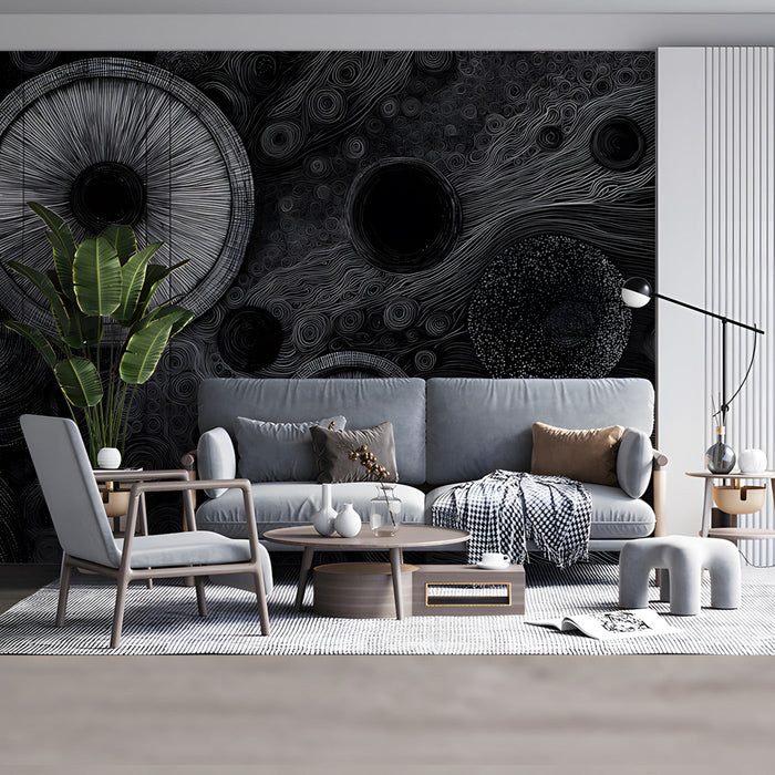 Contemporary living room with high-contrast monochrome circular wall mural and velvet navy lounge furniture