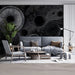 Contemporary living room with high-contrast monochrome circular wall mural and velvet navy lounge furniture