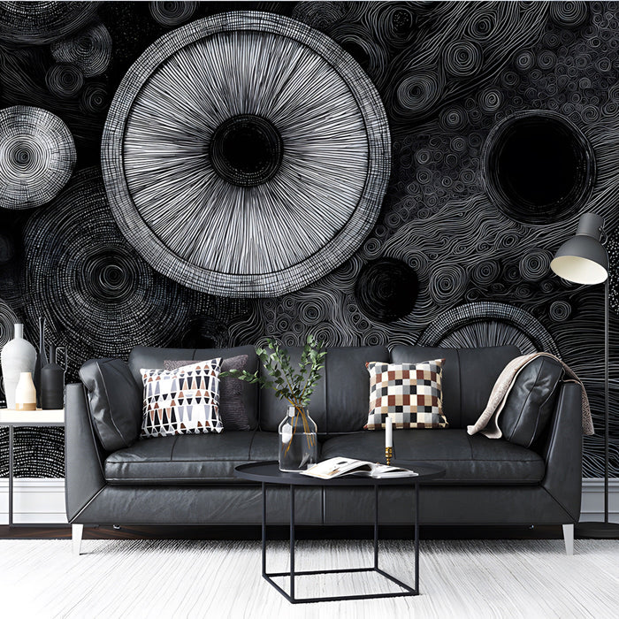 Modern study with monochromatic orbital line art wallpaper behind a sleek minimalist black desk
