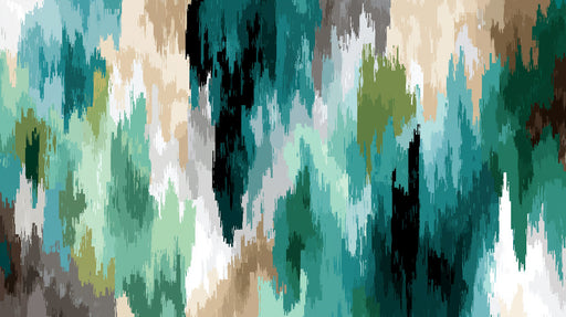 Abstract wallpaper pattern with vertical brushstrokes in teal, sage green, charcoal gray, and beige
