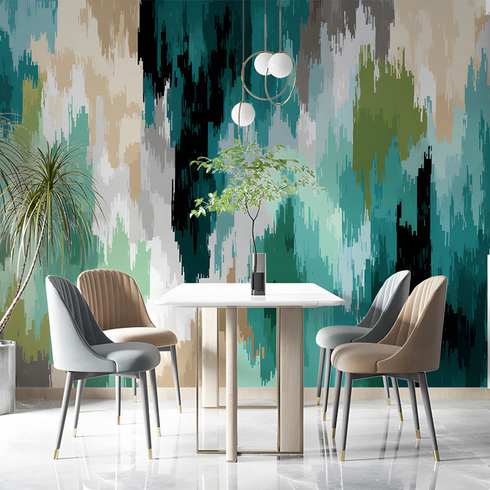 Bedroom wall mural with artistic vertical strokes in a calm palette of blues and earthy neutrals