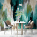 Bedroom wall mural with artistic vertical strokes in a calm palette of blues and earthy neutrals
