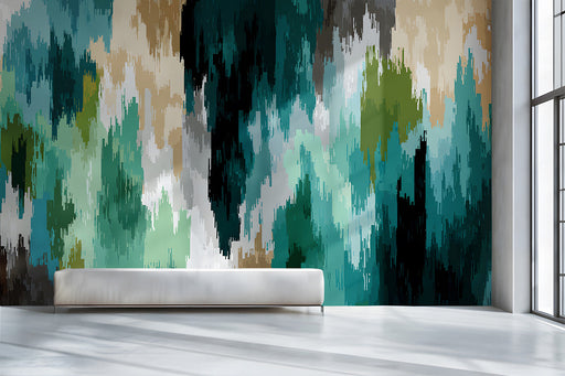 Living room interior featuring an abstract teal and sage brushstroke mural behind a modern sofa
