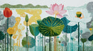 Stylized lotus pond mural with pink and white flowers, teal lily pads, and yellow foliage on a light background