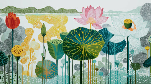 Stylized lotus pond mural with pink and white flowers, teal lily pads, and yellow foliage on a light background