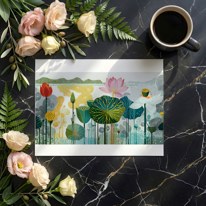 Serene bedroom interior with a floral lotus wall mural as a headboard feature