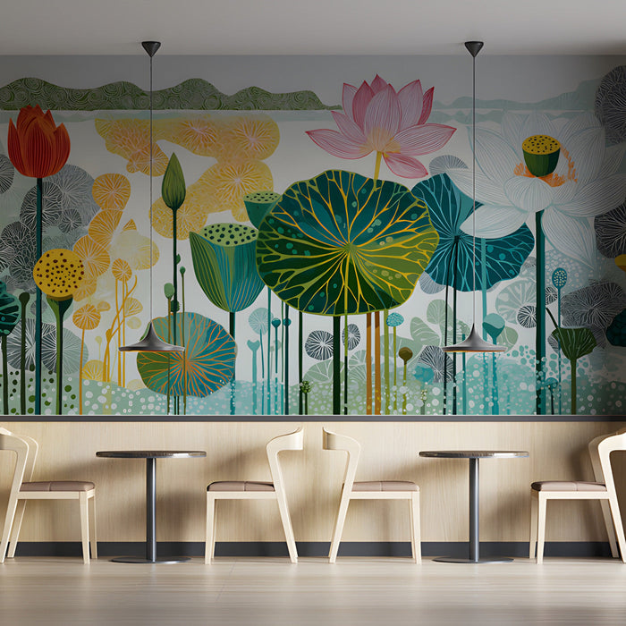 Bright cafe space with an artistic botanical line art mural