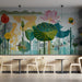 Bright cafe space with an artistic botanical line art mural