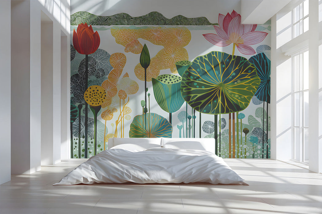Modern bedroom featuring a colorful lotus pond mural behind a wooden table