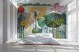 Modern bedroom featuring a colorful lotus pond mural behind a wooden table