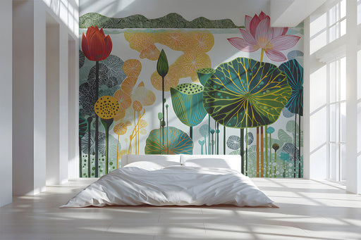 Modern bedroom featuring a colorful lotus pond mural behind a wooden table