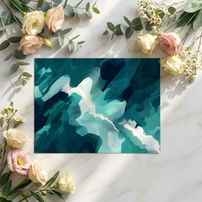 Sophisticated home office with a dark blue and teal abstract landscape wallpaper